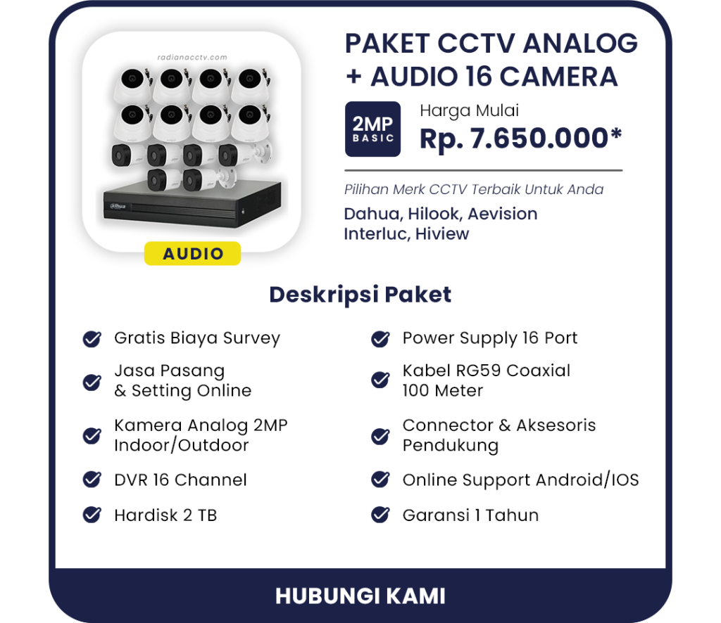 Paket lengkap 16 kamera CCTV analog sistem audio rekam suara Radiana CCTV solusi keamanan gudang besar di Bojongsoang