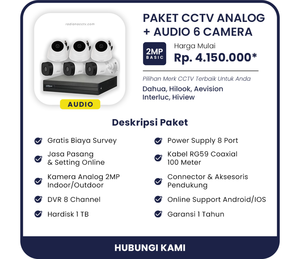 paket 6 camera cctv dengan fitur audio bisa mendengarkan percakapan tersedia di radiana cctv baleendah bandung