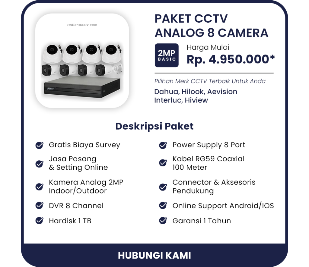 tersedia paket 8 camera cctv analog hikvsion, dahua, hilook, hiview di radiana cctv bandung baleendah
