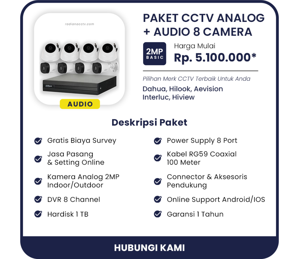 Paket pemasangan 8 kamera CCTV analog plus audio dari Radiana CCTV untuk area perumahan di Bojongsoang Bandung